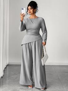 SHEIN Elenzya Plus Size Women Solid Color Pleated Long Sleeve Top And Wide Leg Pants Casual Elegant Daily Set Fall Brunch Party Grey Evening - Grey - View 1