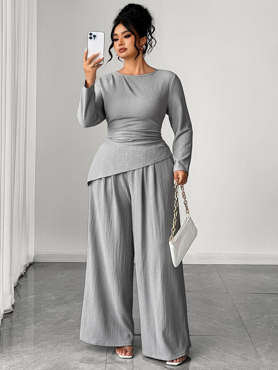 SHEIN Elenzya Plus Size Women Solid Color Pleated Long Sleeve Top And Wide Leg Pants Casual Elegant Daily Set Fall Brunch Party Grey Evening - Grey - View 1