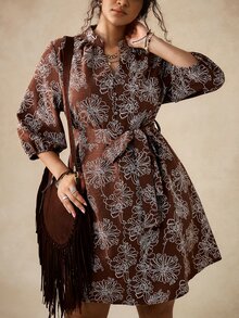 Nubod Gaun Elegan Wanita Ukuran Besar Motif Bunga Lengan 3/4 Leher V untuk Musim Gugur - Coffee Brown - View 8