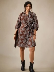 Nubod Gaun Elegan Wanita Ukuran Besar Motif Bunga Lengan 3/4 Leher V untuk Musim Gugur - Coffee Brown - View 7