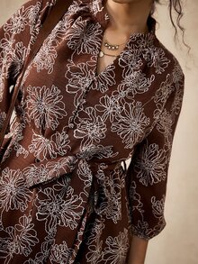 Nubod Gaun Elegan Wanita Ukuran Besar Motif Bunga Lengan 3/4 Leher V untuk Musim Gugur - Coffee Brown - View 5
