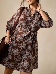 Nubod Gaun Elegan Wanita Ukuran Besar Motif Bunga Lengan 3/4 Leher V untuk Musim Gugur - Coffee Brown - View 1