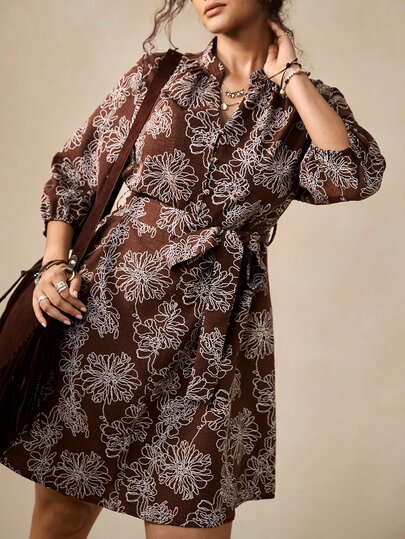 Nubod Gaun Elegan Wanita Ukuran Besar Motif Bunga Lengan 3/4 Leher V