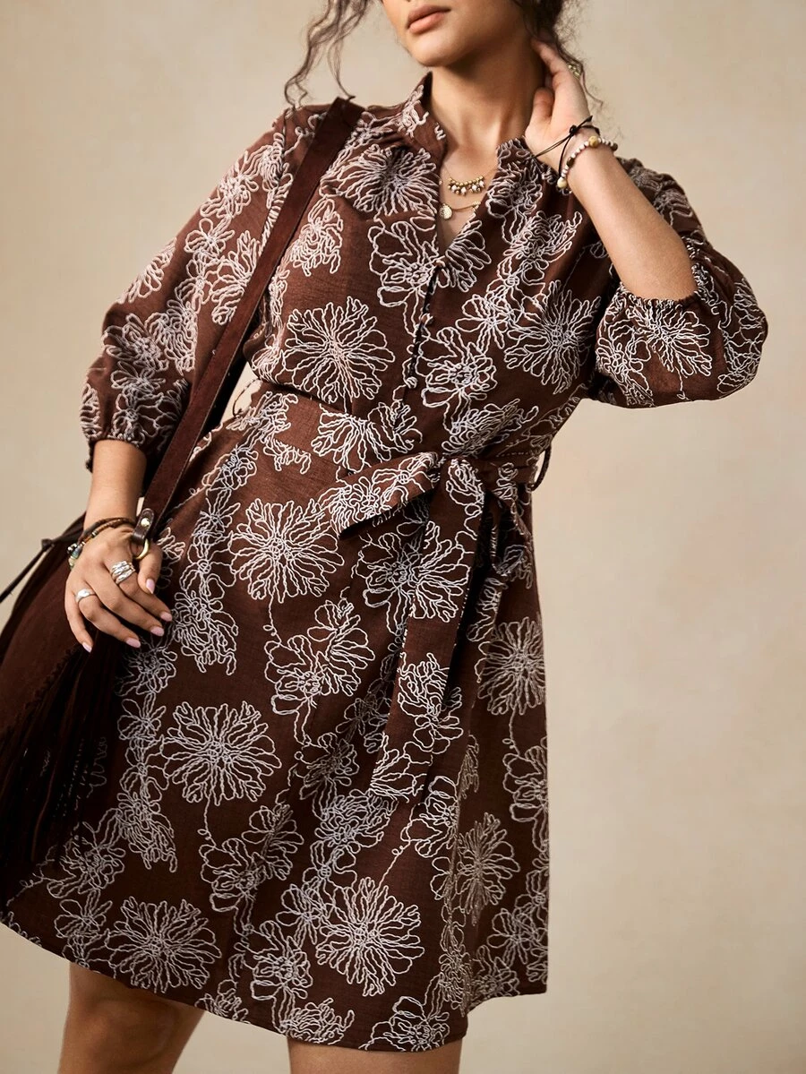 Nubod Gaun Elegan Wanita Ukuran Besar Motif Bunga Lengan 3/4 Leher V untuk Musim Gugur - Coffee Brown - View 1