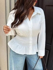 Easura Blus Lengan Panjang dengan Pinggang Ramping untuk Wanita Ukuran Plus - Putih - View 3