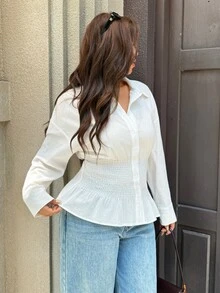Easura Blus Lengan Panjang dengan Pinggang Ramping untuk Wanita Ukuran Plus - Putih - View 6