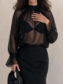 SHEIN Clasi Plus Size Shiny Sheer Faux Collar Ruffle Blouse, Fluffy Bell Long Sleeve Elegant Sexy Wedding Guest Night See-Through Black Top Fall Halloween Summer - Black - View 2