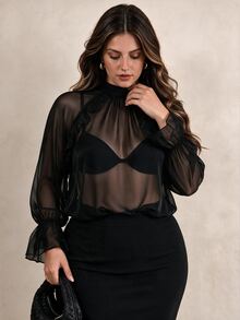 SHEIN Clasi Plus Size Shiny Sheer Faux Collar Ruffle Blouse, Fluffy Bell Long Sleeve Elegant Sexy Wedding Guest Night See-Through Black Top Fall Halloween Summer - Black - View 4