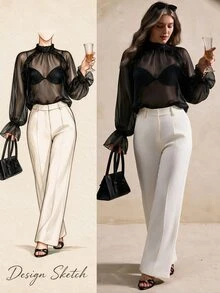SHEIN Clasi Plus Size Shiny Sheer Faux Collar Ruffle Blouse, Fluffy Bell Long Sleeve Elegant Sexy Wedding Guest Night See-Through Black Top Fall Halloween Summer - Black - View 6