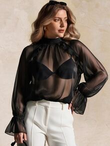 SHEIN Clasi Plus Size Shiny Sheer Faux Collar Ruffle Blouse, Fluffy Bell Long Sleeve Elegant Sexy Wedding Guest Night See-Through Black Top Fall Halloween Summer - Black - View 8