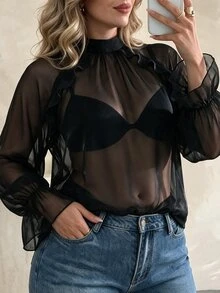 SHEIN Clasi Plus Size Shiny Sheer Faux Collar Ruffle Blouse, Fluffy Bell Long Sleeve Elegant Sexy Wedding Guest Night See-Through Black Top Fall Halloween Summer - Black - View 3