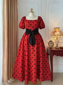 Rometta Plus Size Women's Elegant Polka Dot Square Neck Puff Sleeve Long Waist-Cinching Bow Decor Summer Dress, Summer Vacation Dress, Polka Dot Dress, Party Princess Dress, Elegant Evening Dress, Elegant Vacation Dress, Red Dress, Holiday Party Dress - Multicolor - View 7