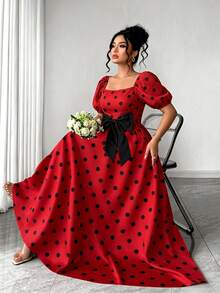 Rometta Plus Size Women's Elegant Polka Dot Square Neck Puff Sleeve Long Waist-Cinching Bow Decor Summer Dress, Summer Vacation Dress, Polka Dot Dress, Party Princess Dress, Elegant Evening Dress, Elegant Vacation Dress, Red Dress, Holiday Party Dress - Multicolor - View 2
