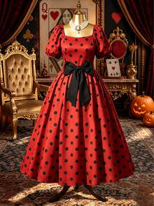 Rometta Plus Size Women's Elegant Polka Dot Square Neck Puff Sleeve Long Waist-Cinching Bow Decor Summer Dress, Summer Vacation Dress, Polka Dot Dress, Party Princess Dress, Elegant Evening Dress, Elegant Vacation Dress, Red Dress, Holiday Party Dress - Multicolor - View 3