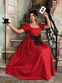 Rometta Plus Size Women's Elegant Polka Dot Square Neck Puff Sleeve Long Waist-Cinching Bow Decor Summer Dress, Summer Vacation Dress, Polka Dot Dress, Party Princess Dress, Elegant Evening Dress, Elegant Vacation Dress, Red Dress, Holiday Party Dress - Multicolor - View 5