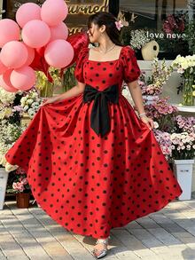 Rometta Plus Size Women's Elegant Polka Dot Square Neck Puff Sleeve Long Waist-Cinching Bow Decor Summer Dress, Summer Vacation Dress, Polka Dot Dress, Party Princess Dress, Elegant Evening Dress, Elegant Vacation Dress, Red Dress, Holiday Party Dress - Multicolor - View 15