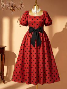 Rometta Plus Size Women's Elegant Polka Dot Square Neck Puff Sleeve Long Waist-Cinching Bow Decor Summer Dress, Summer Vacation Dress, Polka Dot Dress, Party Princess Dress, Elegant Evening Dress, Elegant Vacation Dress, Red Dress, Holiday Party Dress - Multicolor - View 11
