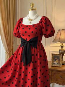 Rometta Plus Size Women's Elegant Polka Dot Square Neck Puff Sleeve Long Waist-Cinching Bow Decor Summer Dress, Summer Vacation Dress, Polka Dot Dress, Party Princess Dress, Elegant Evening Dress, Elegant Vacation Dress, Red Dress, Holiday Party Dress - Multicolor - View 13