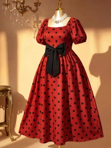 Rometta Plus Size Women's Elegant Polka Dot Square Neck Puff Sleeve Long Waist-Cinching Bow Decor Summer Dress, Summer Vacation Dress, Polka Dot Dress, Party Princess Dress, Elegant Evening Dress, Elegant Vacation Dress, Red Dress, Holiday Party Dress - Multicolor - View 10