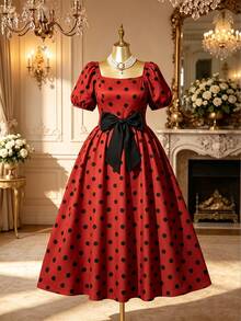 Rometta Plus Size Women's Elegant Polka Dot Square Neck Puff Sleeve Long Waist-Cinching Bow Decor Summer Dress, Summer Vacation Dress, Polka Dot Dress, Party Princess Dress, Elegant Evening Dress, Elegant Vacation Dress, Red Dress, Holiday Party Dress - Multicolor - View 4