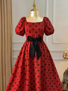 Rometta Plus Size Women's Elegant Polka Dot Square Neck Puff Sleeve Long Waist-Cinching Bow Decor Summer Dress, Summer Vacation Dress, Polka Dot Dress, Party Princess Dress, Elegant Evening Dress, Elegant Vacation Dress, Red Dress, Holiday Party Dress - Multicolor - View 12