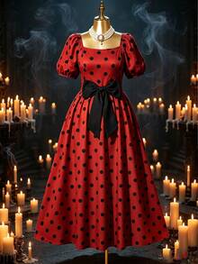 Rometta Plus Size Women's Elegant Polka Dot Square Neck Puff Sleeve Long Waist-Cinching Bow Decor Summer Dress, Summer Vacation Dress, Polka Dot Dress, Party Princess Dress, Elegant Evening Dress, Elegant Vacation Dress, Red Dress, Holiday Party Dress - Multicolor - View 8