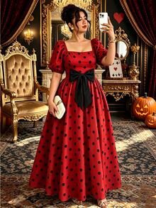 Rometta Plus Size Women's Elegant Polka Dot Square Neck Puff Sleeve Long Waist-Cinching Bow Decor Summer Dress, Summer Vacation Dress, Polka Dot Dress, Party Princess Dress, Elegant Evening Dress, Elegant Vacation Dress, Red Dress, Holiday Party Dress - Multicolor - View 9