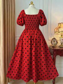 Rometta Plus Size Women's Elegant Polka Dot Square Neck Puff Sleeve Long Waist-Cinching Bow Decor Summer Dress, Summer Vacation Dress, Polka Dot Dress, Party Princess Dress, Elegant Evening Dress, Elegant Vacation Dress, Red Dress, Holiday Party Dress - Multicolor - View 6