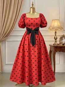 Rometta Plus Size Women's Elegant Polka Dot Square Neck Puff Sleeve Long Waist-Cinching Bow Decor Summer Dress, Summer Vacation Dress, Polka Dot Dress, Party Princess Dress, Elegant Evening Dress, Elegant Vacation Dress, Red Dress, Holiday Party Dress - Multicolor - View 14
