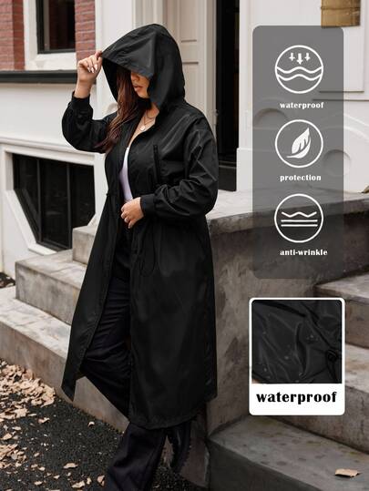 Easura Plus Size Cinched Waist Zipper Pocket Hooded Jacket