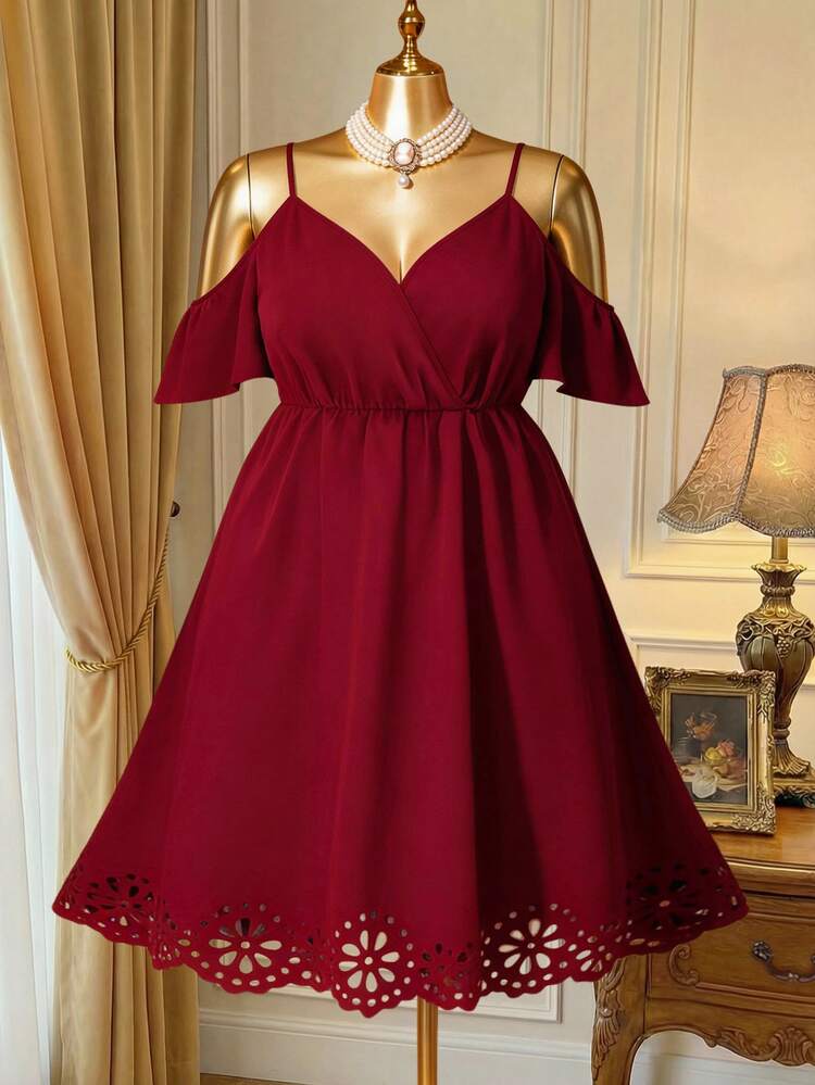 Rometta Pure Plus Size Women Fashionable Solid Color Hollow Out Strap Dress, For Christmas Burgundy Color Women Outfit - Burgundy - View 3