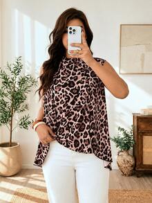 Weeklong Blus Tanpa Lengan Motif Leopard Kasual Baru untuk Wanita Ukuran Plus dengan Hem Asimetris - MultiWarna - View 8