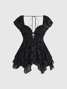 ROMWE Gothic Flocked Cross & Floral Print Mesh Ruched Front Slim Fit Sexy Open Back Plus Size Women Top - Black - View 6