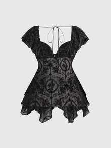ROMWE Gothic Flocked Cross & Floral Print Mesh Ruched Front Slim Fit Sexy Open Back Plus Size Women Top - Black - View 2