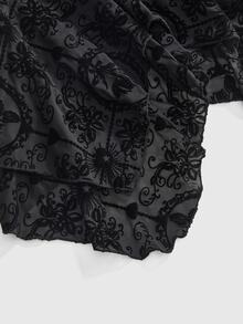 ROMWE Gothic Flocked Cross & Floral Print Mesh Ruched Front Slim Fit Sexy Open Back Plus Size Women Top - Black - View 5
