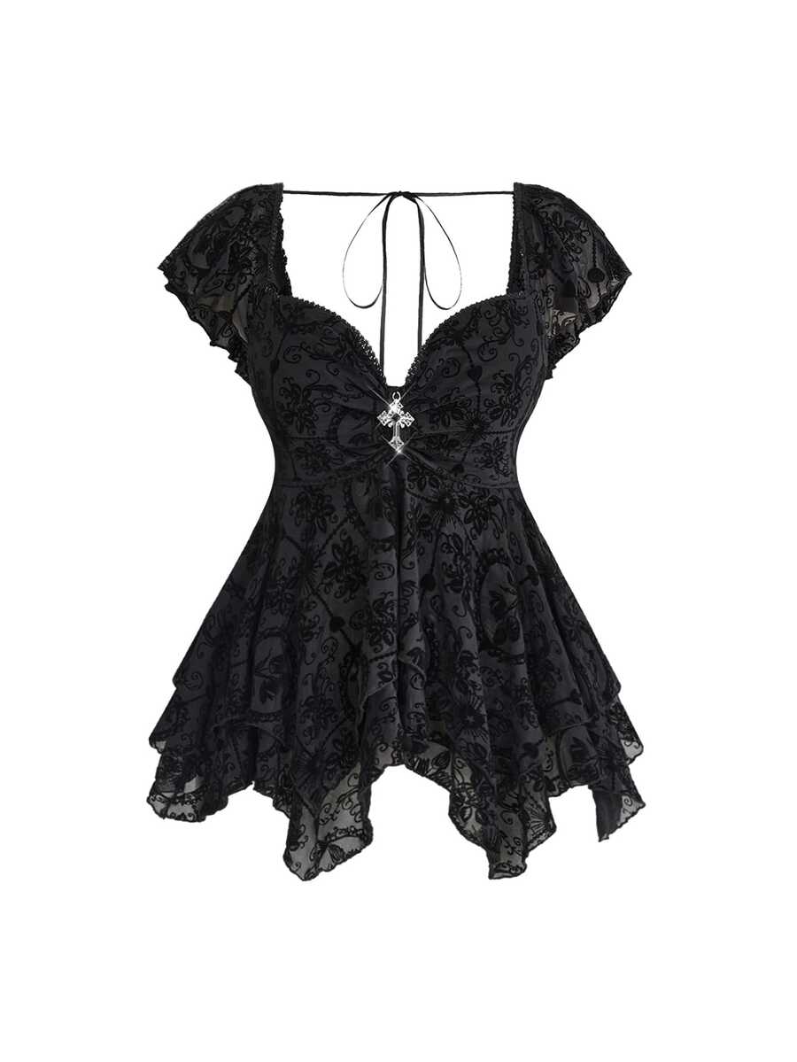 ROMWE Gothic Flocked Cross & Floral Print Mesh Ruched Front Slim Fit Sexy Open Back Plus Size Women Top - Black - View 1