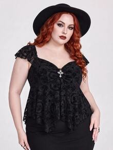 ROMWE Gothic Flocked Cross & Floral Print Mesh Ruched Front Slim Fit Sexy Open Back Plus Size Women Top - Black - View 3