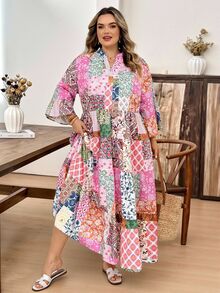SHEIN CURVE+ 大尺碼度假休閒拼接印花洋裝，2026秋冬 22W - 彩色 - 查看 5