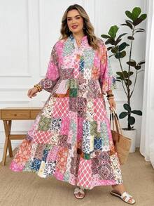 SHEIN CURVE+ 大尺碼度假休閒拼接印花洋裝，2026秋冬 22W - 彩色 - 查看 6