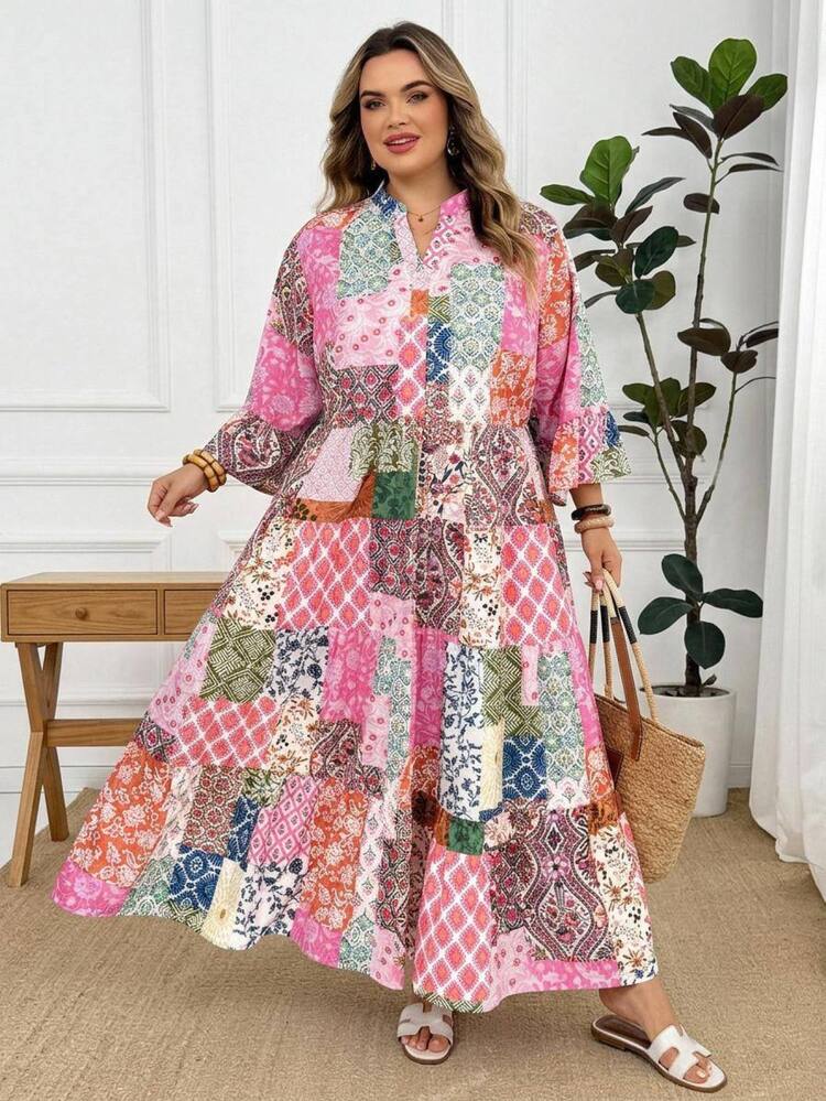 SHEIN CURVE+ Plus Size Vacation Casual Patchwork Print Dress, Fall Winter 2026 22W - Multicolor - View 5