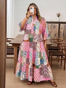 SHEIN CURVE+ 大尺碼度假休閒拼接印花洋裝，2026秋冬 22W - 彩色 - 查看 9