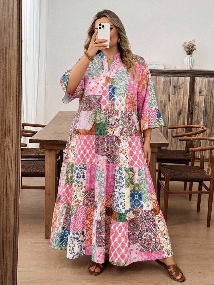 SHEIN CURVE+ Plus Size Vacation Casual Patchwork Print Dress, Fall Winter 2026 22W - Multicolor - View 8