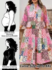 SHEIN CURVE+ 大尺碼度假休閒拼接印花洋裝，2026秋冬 22W - 彩色 - 查看 2