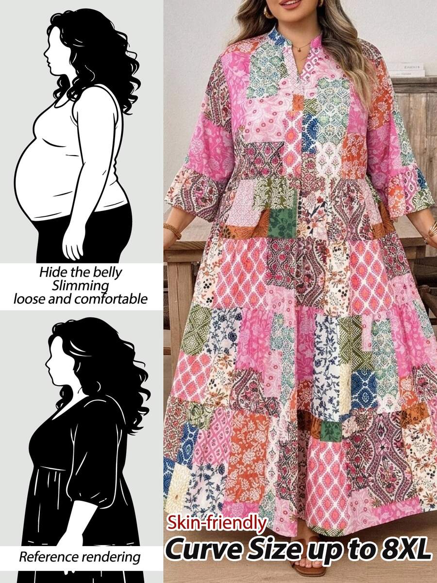 SHEIN CURVE+ 大尺碼度假休閒拼接印花洋裝，2026秋冬 22W