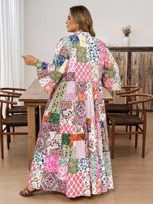 SHEIN CURVE+ 大尺碼度假休閒拼接印花洋裝，2026秋冬 22W - 彩色 - 查看 3