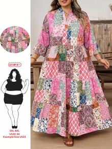 SHEIN CURVE+ 大尺碼度假休閒拼接印花洋裝，2026秋冬 22W - 彩色 - 查看 11
