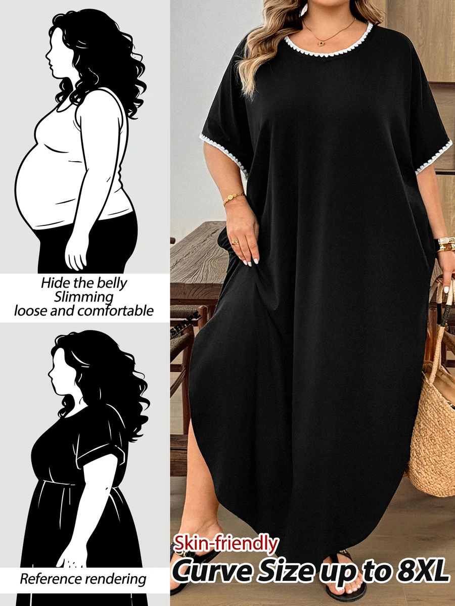 SHEIN CURVE+ Plus Size Vacation Casual Soft Form Black And White Colorblock Trim Dress Bussines, Summer 2026 22W Formal