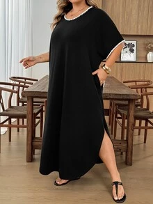 SHEIN CURVE+ Plus Size Vacation Casual Soft Form Black And White Colorblock Trim Dress Bussines, Summer 2026 22W Formal - Black and White - View 6