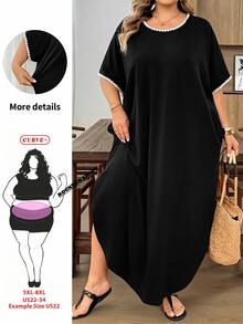 SHEIN CURVE+ Plus Size Vacation Casual Soft Form Black And White Colorblock Trim Dress Bussines, Summer 2026 22W Formal - Black and White - View 11
