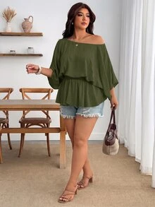 Enliva 大尺碼女款復古性感休閒海灘度假 Y2K 時尚個性優雅極簡都市波希米亞風單肩百褶腰亞麻混紡卡其色寬鬆上衣 - 軍綠色 - 查看 8
